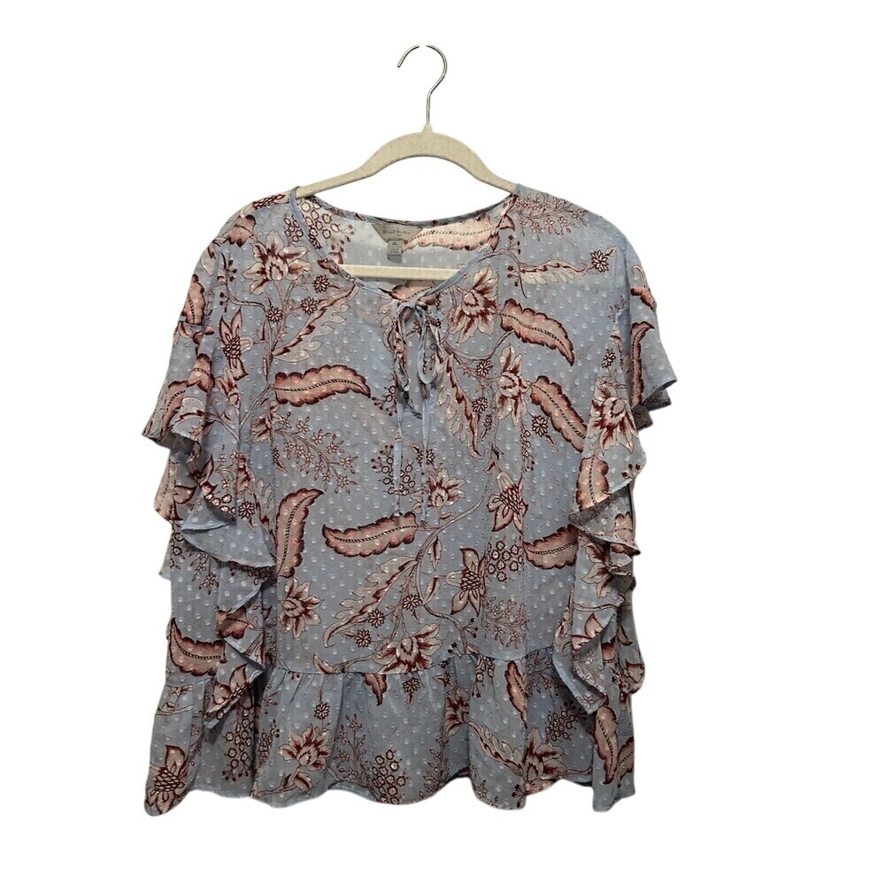 Belle & Sky Floral Clip Dot Blouse XL NWT Burgundy Blue Flutter Ruffle Sleeve‎